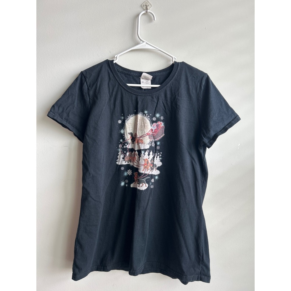 Gildan Black Dachshund Christmas Graphic T-Shirt Womens XL